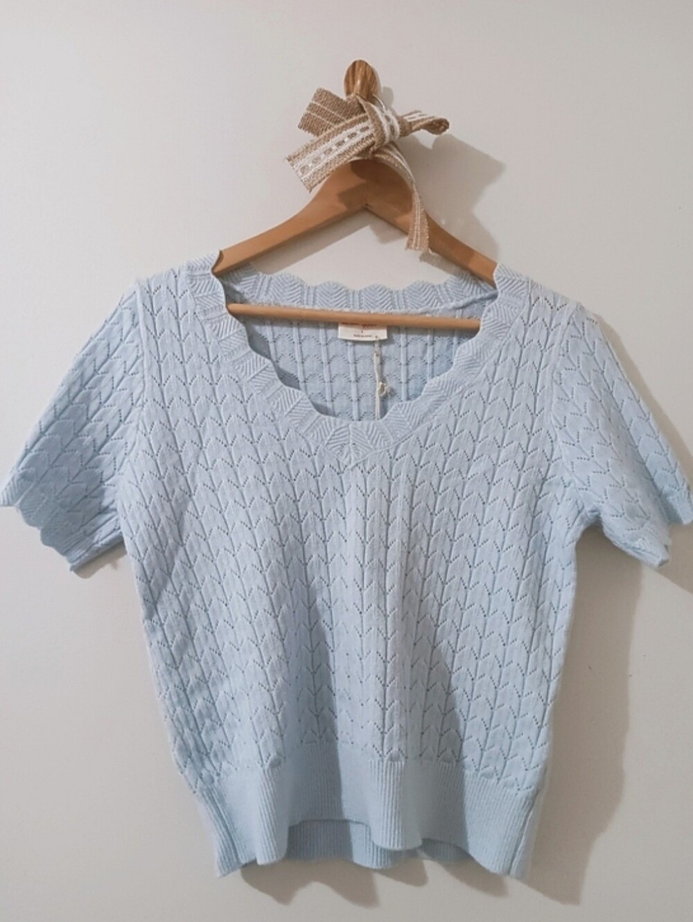 Allie Rose Soft Scalloped Ribbed Pointelle Knit Blue V-Neck Short Sleeve Sweater